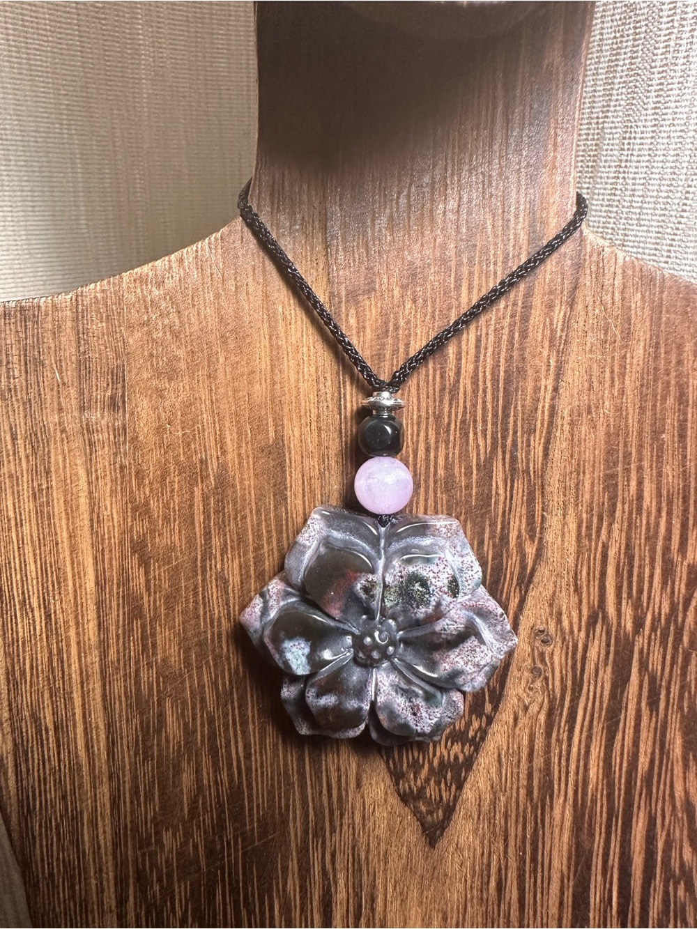 Ocean Jasper Pendant Necklace with Kunzite on Thin Black Adjustable Rope - Picture 3 of 16